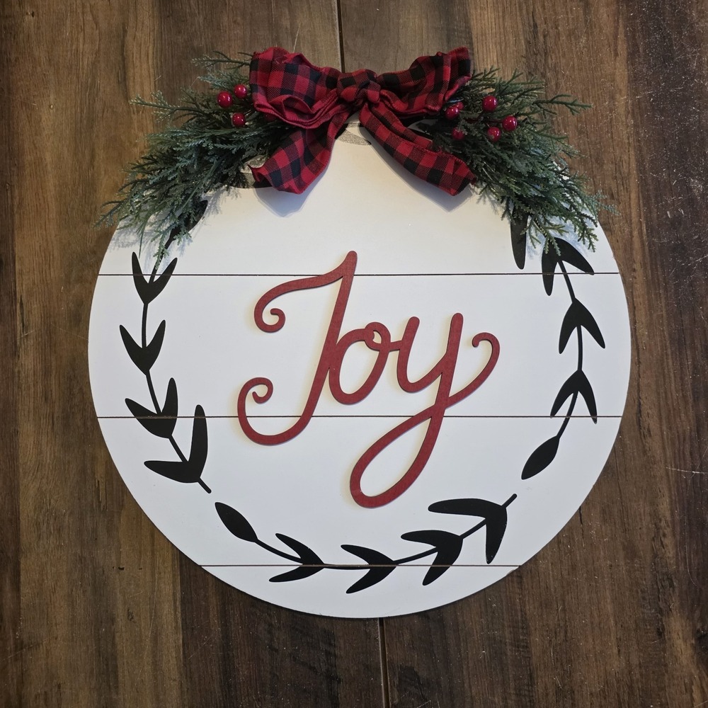 Christmas Sign‎ Holiday Welcome Sign Joy Round Bow & Greenery Wood Painted 15"